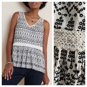 Anthropologie Maeve White Black Cammie Embroidered Sleeveless Peplum Top